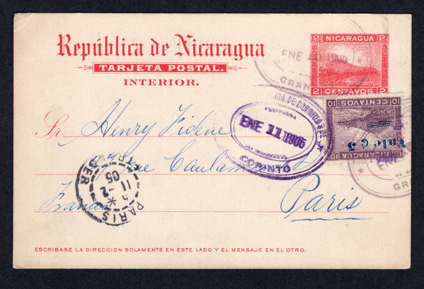 NICARAGUA - 1905 - POSTAL STATIONERY & PROVISIONAL ISSUE: 2c red 'Momotombo' TRAIN postal stationery card (H&G 48) used with added 1904 5c on 10c mauve LITHO 'Momotombo' issue (SG 203) tied by oval GRANADA cancels dated JAN 10 1950. Addressed to FRANCE with CORINTO transit mark and French arrival cds on front.  (NIC/37893)