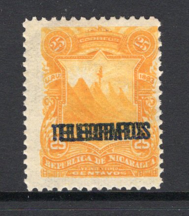 NICARAGUA - 1893 - TELEGRAPH & VARIETY: 25c yellow 'Seebeck' issue overprinted TELEGRAFOS in blue, a fine mint copy with variety OVERPRINT DOUBLE. (Barefoot #Unlisted)  (NIC/39151)