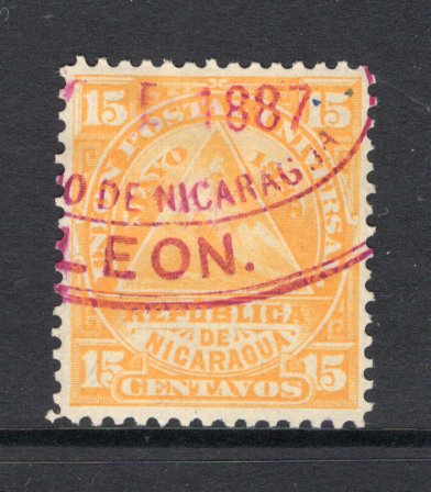 NICARAGUA - 1882 - UPU ISSUE: 15c yellow 'UPU' issue, a very fine used copy with part oval LEON cancel in purple dated 1887. (SG 24)  (NIC/39153)