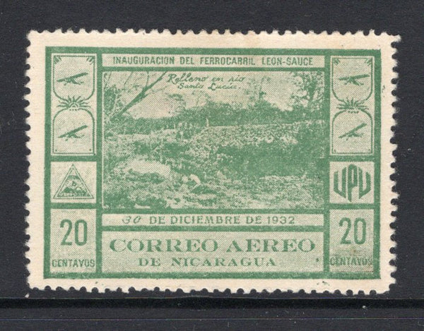 NICARAGUA - 1932 - COMMEMORATIVES: 20c green 'Opening of Leon - Sauce Railway' AIR issue, a fine unused copy without gum as issued from position 4 of the original printing. (SG 745)  (NIC/39157)