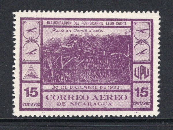 NICARAGUA - 1932 - COMMEMORATIVES: 15c bright violet 'Opening of Leon - Sauce Railway' AIR issue, a fine unused copy without gum as issued from position 3 of the original printing. (SG 744)  (NIC/39159)