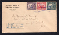 NICARAGUA - 1927 - CANCELLATION & REGISTRATION: Registered cover franked with 1914 5c slate, 1922 2c carmine red and 1924 1c violet TAX issue (SG 399, 467 & 494) tied by fine CORREOS Y TELEGRAFOS DE NICARAGUA ACOYAPA cds dated JAN 4 1927 with hand drawn registration marking with manuscript 'ACOYAPA' alongside. Addressed to COSTA RICA with red on yellow 'L.A.E. Latin American Exchange Philatelic Club' CINDERELLA label tied on reverse by CORINTO transit cds and COSTA RICA arrival cds. A scarce origination an