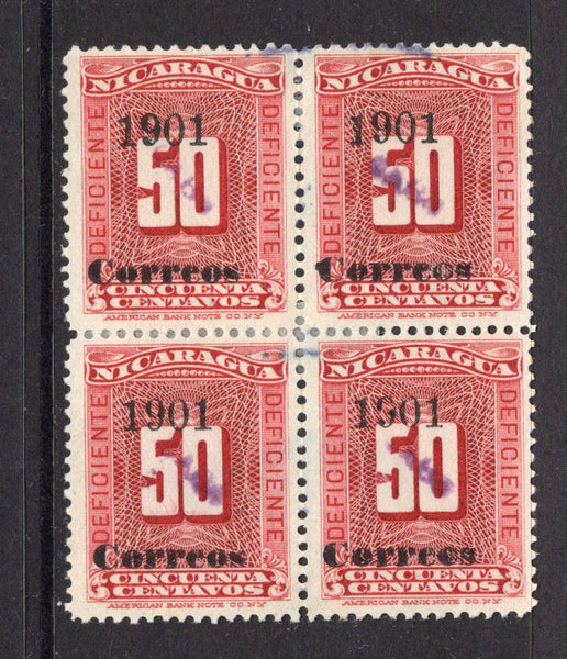 NICARAGUA - ZELAYA - 1905 - CABO GRACIAS A DIOS: 50c dull red 'Postage Due' issue with '1901 Correos' overprint and further small 'CABO' handstamps in purple. A fine lightly used block of four. Uncommon in multiples. (SG C24)  (NIC/3967)