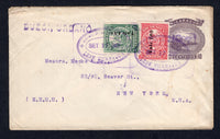 NICARAGUA - 1907 - POSTAL STATIONERY & PROVISIONAL ISSUES: 10c violet 'Momotombo' TRAIN postal stationery envelope with large '1907' handstamp in violet (H&G B69a) used with added 1906 15c on 1c green and 1907 10c on 2c rose carmine PROVISIONAL 'Surcharge' issues (SG 226B & 246A) tied by two fine strikes of oval LEON cancels dated SEP 17 1907 with straight line 'BUZON URBANO' marking in purple alongside. Addressed to USA with CORINTO transit mark on reverse. Fine & scarce.  (NIC/39788)