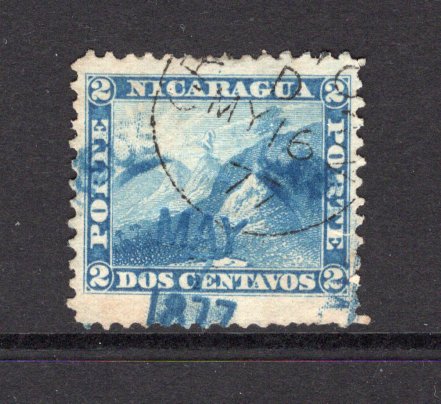 NICARAGUA - 1869 - CLASSIC ISSUES & BRITISH POST OFFICE: 2c blue 'Volcano' issue on thin white paper, perf 12, a fine used copy with part blue cds dated MAY 1877 and part strike of GREY-TOWN cds of the British P.O. dated MAY 16 1877. It is unusual to get the British P.O. cancel on the Nicaraguan classic issues. (SG 4)  (NIC/39837)