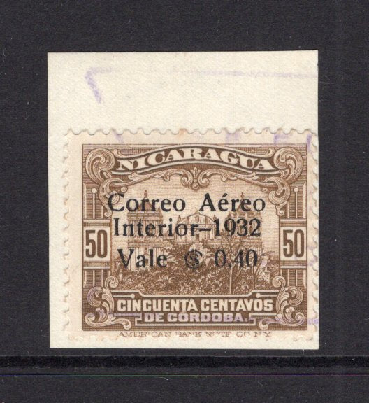 NICARAGUA - 1932 - UNISSUED: 40c on 50c bistre brown AIR issue with 'Correo Aereo Interior 1932' overprint PREPARED FOR USE BUT UNISSUED. A fine lightly used copy tied on small piece. Scarce, only 400 were printed. (See note below SG 723, Sanabria #82, Maxwell #A68)  (NIC/39838)