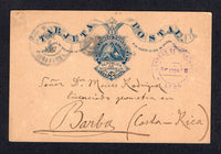 NICARAGUA - 1887 - POSTAL STATIONERY & DESTINATION: 3c blue on buff 'UPU' postal stationery card (H&G 2) used with LEON cds in purple dated 5 JAN 1887 with a second different LEON cds in black dated 6 JAN 1887 alongside. Addressed to BARBA, COSTA RICA. A scarce card used within Central America and the only recorded card to Costa Rica. Small corner fault at top left.  (NIC/39871)