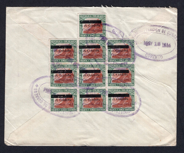 NICARAGUA - 1914 - MULTIPLE FRANKING: Cover franked on reverse with block of nine and single 1914 ½c on 15c on 35c brown & green (SG 385) tied by multiple strikes of oval CORINTO cancel in purple dated MAY 19 1914 with additional strike on front along with straight line 'BUZON' marking also in purple. Addressed to GERMANY. An impressive franking.  (NIC/39883)