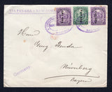 NICARAGUA - 1906 - PROVISIONAL ISSUE: Cover franked with 19062 x 10c on 3c violet, one stamp with 'Small 0' variety and 15c on 1c green 'Arms' PROVISIONAL 'Surcharge' issue (SG 221B/222B & 227A) tied by two strikes of oval MANAGUA cancel dated AGO 10 1906. Addressed to GERMANY with transit & arrival marks on reverse. Couple of light tones on perfs.  (NIC/39884)