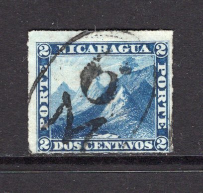 NICARAGUA - 1869 - CANCELLATION: 2c deep blue 'Volcano' issue on thin hard paper, rouletted, a fine used copy with fine strike of '6 M' numeral cancel of MANAGUA. (SG 16)  (NIC/39975)