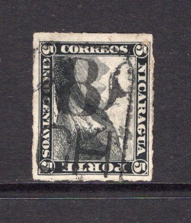 NICARAGUA - 1869 - CANCELLATION: 5c black 'Volcano' issue on thin hard paper, rouletted, a fine used copy with complete strike of '8 CH' numeral cancel of CHINANDEGA. (SG 17)  (NIC/39976)