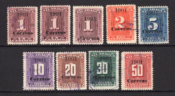 NICARAGUA - 1901 - PROVISIONAL ISSUE: 'Postage Due' issue with '1901 Correos' overprint, the set of seven plus the 1c claret with Italic 'Correos' overprint and the 1c claret with 'Central Ornaments' overprint (Types 23 & 25) all fine used. (SG 177/183, 177b & 177d)  (NIC/39979)