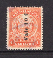 NICARAGUA - 1906 - PROVISIONAL ISSUE: 10c on 4c orange red ABNCo. 'Arms' issue with overprint reading up, a fine lightly used copy. An underrated stamp. (SG 224B)  (NIC/39980)