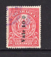 NICARAGUA - 1907 - PROVISIONAL ISSUE: 10c on 2c rose carmine 'Waterlow' ARMS issue with surcharge reading up, a fine cds used copy. (SG 246B)  (NIC/39981)