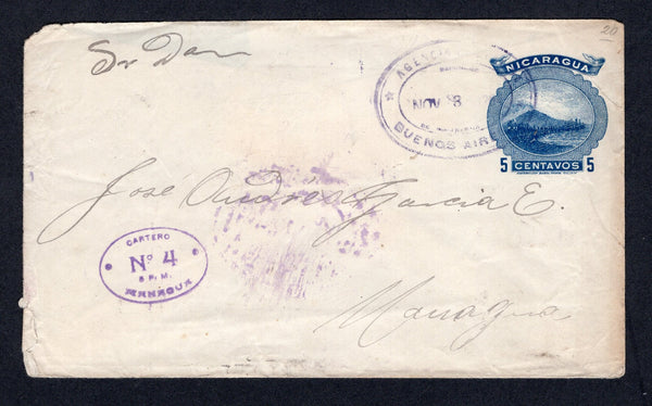 NICARAGUA - 1904 - CANCELLATION: 5c blue 'Momotombo' postal stationery envelope (H&G B45) used with good strike of AGENCIA POSTAL DE BUENOS AIRES oval cancel dated NOV 8 1904. Addressed to MANAGUA with small oval CARTERO No. 4 - 5 P.M. MANAGUA marking on front and RIVAS & MANAGUA oval transit marks on reverse. Cover a little worn at left but a very rare origination.  (NIC/39989)