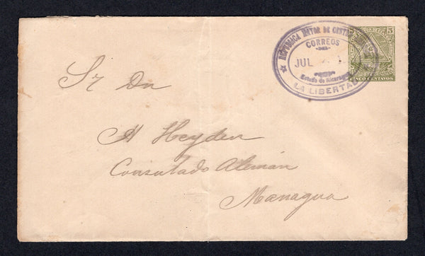 NICARAGUA - 1898 - POSTAL STATIONERY & CANCELLATION: 5c greyish green 'Seebeck' postal stationery envelope (H&G B40) used with fine strike of oval LA LIBERTAD cancel in purple dated JUL 1898. Addressed to MANAGUA with JUIGALPA transit and MANAGUA arrival marks on reverse. Cover has a light central fold but a scarce origination at this date.  (NIC/39991)