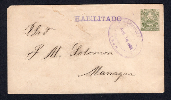 NICARAGUA - 1904 - POSTAL STATIONERY: 5c greyish green 'Seebeck' postal stationery envelope with 'HABILITADO' handstamp in violet (H&G B51a, handstamp in capitals) used with fine strike of oval LEON cancel in purple dated ABR 14 1904. Addressed to MANAGUA with arrival mark on reverse.  (NIC/40034)