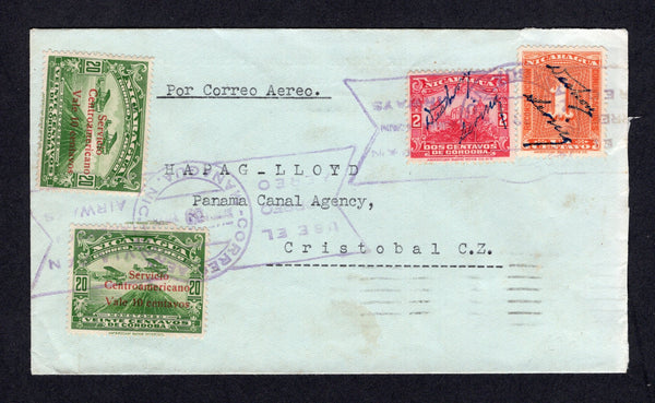 NICARAGUA - 1935 - AIRMAIL: Cover franked with 1933 2c bright carmine, 1934 2 x 10c on 20c yellow green 'Servicio Centroamericano' overprint issue and 1933 1c orange TAX issue (SG 779, 790 & 814) tied by large CORREO AEREO MANAGUA 'VIA PAN AMERICAN AIRWAYS' cancels in purple dated FEB 13 1935. Addressed to CRISTOBAL, CANAL ZONE with arrival cds on reverse. Nice correct use of these overprints within Central America.  (NIC/40052)
