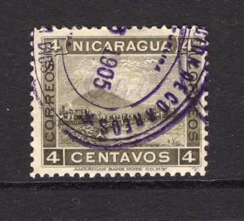 NICARAGUA - ZELAYA - 1904 - CABO GRACIAS A DIOS: 4c deep olive 'Momotombo' issue with large italic 'Cabo' handstamp in purple, a fine used copy with part oval CABO GRACIAS A DIOS cancel in purple dated 1905. (SG C4)  (NIC/40212)