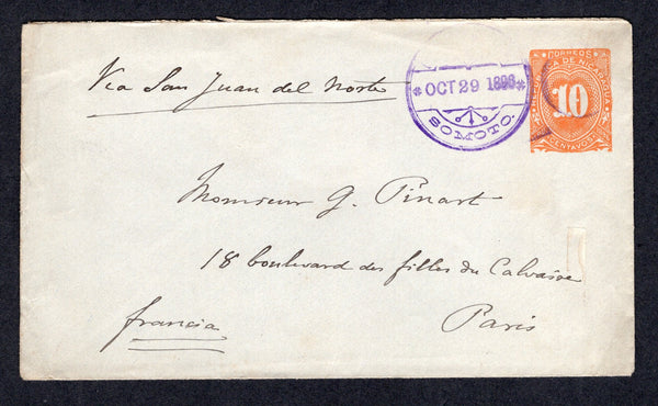 NICARAGUA - 1896 - CANCELLATION: 10c orange on bluish grey 'Numeral' postal stationery envelope (H&G B35) used with fine SOMOTO cds dated OCT 29 1896. Addressed to FRANCE with CORINTO and LEON transit cds's and PARIS arrival cds on reverse. A scarcer origination  (NIC/40292)