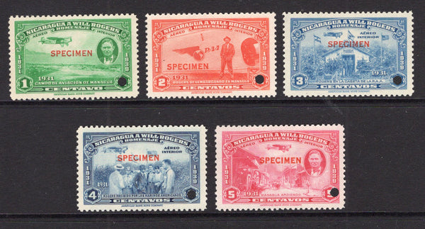 NICARAGUA - 1939 - SPECIMENS: 'Will Rogers' issue, the set of five each stamp overprinted SPECIMEN in red and with small hole punch. Ex ABNCo. Archive. (SG 1029/1033)  (NIC/40397)
