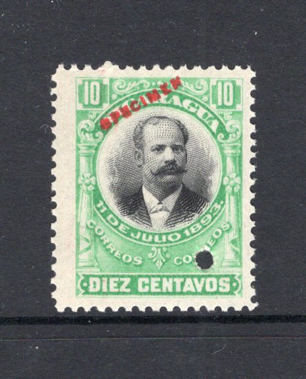 NICARAGUA - 1903 - SPECIMEN: 10c black & yellow green 'Zelaya' UNISSUED type (original colours black & orange) a fine copy overprinted SPECIMEN in red and with small hole punch. Ex ABNCo. Archive. (As SG 192)  (NIC/40398)