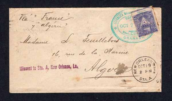 NICARAGUA - 1898 - DESTINATION: Cover franked with single 1898 10c violet 'Seebeck' issue (SG 112) tied by oval GRANADA cancel in bright turquoise dated OCT 7 1898. Addressed to ALGERIA with straight line 'Missent to Sta A, New Orleans, La' marking on front with NEW ORLEANS ST A cds. Various other transit and arrival marks on reverse inc SAN JUAN DEL NORTE oval cancel, French AMBULANTE and eventual ALGERIA arrival cds. Cover has a few light tone spots.  (NIC/40666)