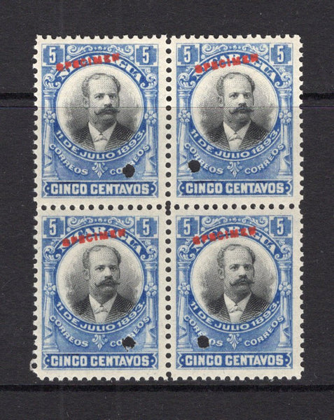 NICARAGUA - 1903 - SPECIMENS: 5c black & blue 'Zelaya' issue a fine block of four each stamp overprinted SPECIMEN in red and with small hole punch. Ex ABNCo. Archive. (SG 191)  (NIC/40938)