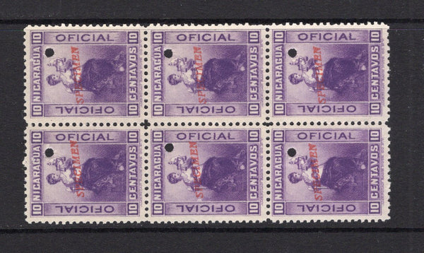 NICARAGUA - 1900 - SPECIMENS: 10c violet 'Official' issue a fine block of six each stamp overprinted SPECIMEN in red and with small hole punch. Ex ABNCo. Archive. (SG O152)  (NIC/40939)