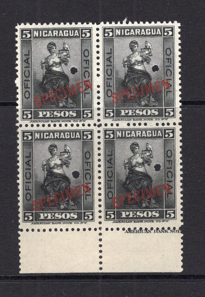 NICARAGUA - 1900 - SPECIMENS: 5p black 'Official' issue (top value) a fine marginal block of four each stamp overprinted SPECIMEN in red and with small hole punch. Ex ABNCo. Archive. (SG O157)  (NIC/40940)