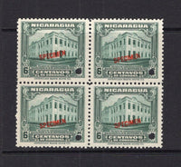 NICARAGUA - 1930 - SPECIMENS: 6c blue green 'Opening of G.P.O. Managua' issue a fine block of four each stamp with red SPECIMEN overprint and small hole punch. Ex ABNCo. Archive. (SG 642)  (NIC/40941)