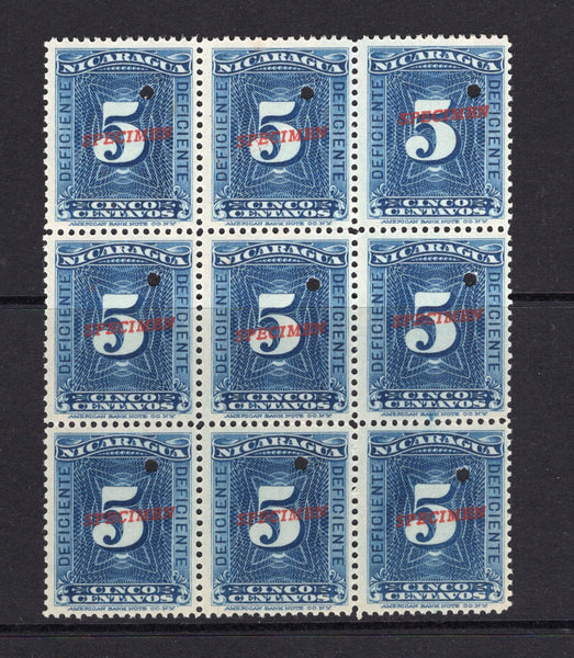 NICARAGUA - 1900 - SPECIMEN & UNISSUED: 5c deep blue 'Postage Due' issue PREPARED FOR USE BUT UNISSUED. A fine block of nine each stamp overprinted SPECIMEN in red and with small hole punch. Ex ABNCo. Archive. (SG D148)  (NIC/40942)
