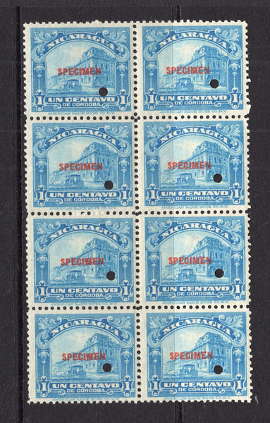 NICARAGUA - 1914 - SPECIMEN & UNISSUED: 1c light blue 'National Palace' issue UNISSUED without the 'OFICIAL' overprint. A fine block of eight each stamp overprinted SPECIMEN in red and with small hole punch. Ex ABNCo. Archive. (As SG O406)  (NIC/40946)