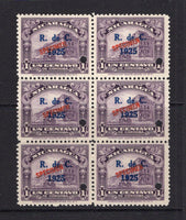 NICARAGUA - 1925 - SPECIMENS: 1c violet 'National Palace' issue with 'R. de C. 1925' overprint in blue a block of six each stamp overprinted SPECIMEN in red and with small hole punch. Ex ABNCo. Archive. (SG 499)  (NIC/40947)