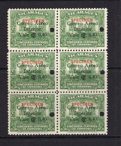 NICARAGUA - 1933 - SPECIMENS: 40c on 50c yellow green 'National Palace' issue with 'Correo Aereo Interior Vale $ 0.40' overprint in black a block of six each stamp overprinted SPECIMEN in red and with small hole punch. Ex ABNCo. Archive. (SG 810)  (NIC/40948)