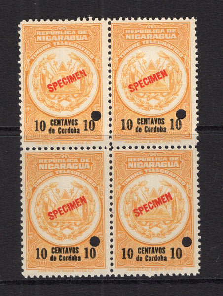 NICARAGUA - 1921 - TELEGRAPH & SPECIMEN: 10c yellow & black 'Timbre Telegrafico' issue, a fine block of four each stamp overprinted SPECIMEN in red and with small hole punch. Ex ABNCo. Archive. (Barefoot #222)  (NIC/40949)