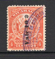 NICARAGUA - 1906 - PROVISIONAL ISSUE: 10c on 4c orange red ABNCo. 'Arms' issue with overprint reading up, a fine lightly used copy. An underrated stamp. (SG 224B)  (NIC/41322)