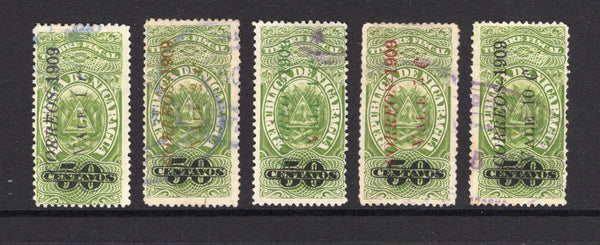 NICARAGUA - 1909 - PROVISIONAL ISSUE: 'CORREOS - 1909' surcharges on 50c green 'Revenue' issue the set of five fine used. (SG 273/277)  (NIC/41323)