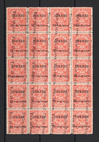 NICARAGUA - 1911 - RAILWAY COUPON ISSUE & MULTIPLE: 50c on 10c on 1c vermilion 'Railway Coupon' issue, a fine unused block of twenty showing the complete setting. (SG 325a)  (NIC/41332)