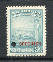 NICARAGUA - 1949 - TELEGRAPHS: 5c pale blue 'Telegraph' TRIAL stamp prepared for use but UNISSUED depicting Soldier and Ploughman a fine copy with red SPECIMEN overprint and small hole punch. Ex ABNCo. Archive. (Unlisted in Hiscocks)  (NIC/4594)