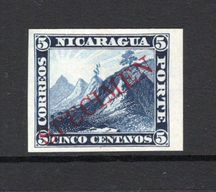 NICARAGUA - 1862 - PROOF: 5c deep blue 'Volcano' issue a fine IMPERF PROOF on thin paper in unissued colour overprinted SPECIMEN in red. Ex ABNCo. Archive. (As SG 5)  (NIC/4602)