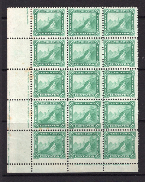 NICARAGUA - 1869 - MULTIPLE: 25c green 'Volcano' issue on thin hard white paper, perf 12, a superb mint corner marginal block of fifteen showing 'American Banknote Co.' IMPRINT in Spanish in margin. Rare multiple. (SG 7)  (NIC/4606)