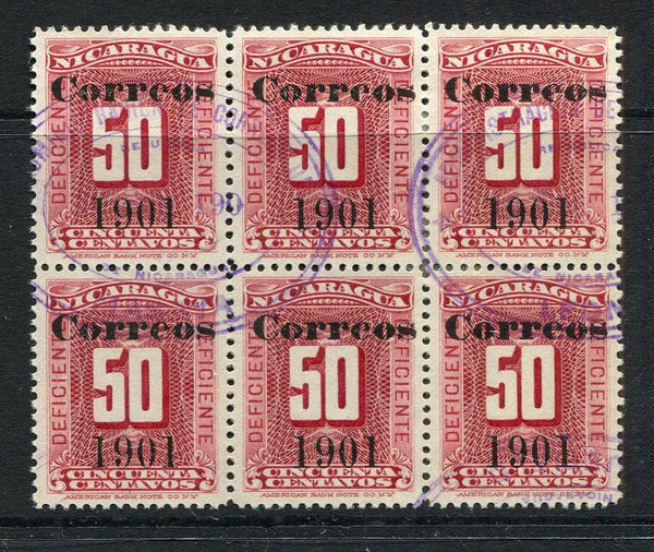 NICARAGUA - 1901 - MULTIPLE: 50c dull red 'Postage Due' issue with '1901 Correos' overprint, a fine used block of six. (SG 160)  (NIC/4635)
