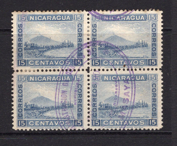 NICARAGUA - 1900 - MOMOTOMBO ISSUE: 15c blue 'Momotombo' TRAIN issue a fine used block of four with MASAYA oval cancel. (SG 144)  (NIC/4642)