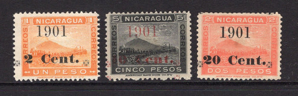 NICARAGUA - 1901 - PROVISIONAL ISSUE: 'Momotombo' issue with '1901' surcharges the set of three fine unused. (SG 151/153)  (NIC/4644)