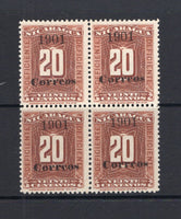 NICARAGUA - 1901 - MULTIPLE: 20c brown 'Postage Due' issue with 'Correos 1901' overprint, a fine unused block of four with variety ITALIC 'O' IN CORREOS on position 3. (SG 181)  (NIC/4648)