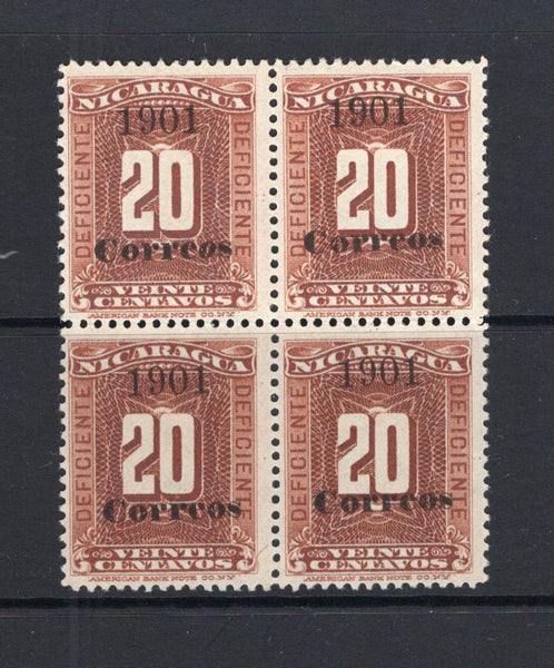 NICARAGUA - 1901 - MULTIPLE: 20c brown 'Postage Due' issue with 'Correos 1901' overprint, a fine unused block of four with variety ITALIC 'O' IN CORREOS on position 3. (SG 181)  (NIC/4648)