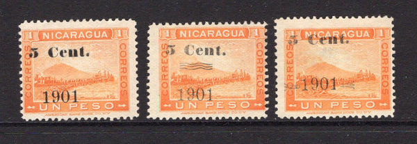 NICARAGUA - 1901 - PROVISIONAL ISSUE: 5c on 1p yellow 'Momotombo' issue three fine unused copies showing all three different overprint types. (SG 165/167)  (NIC/4656)