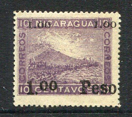 NICARAGUA - 1903 - PROVISIONAL ISSUE: 1p on 10c mauve 'Momotombo' LITHO issue a fine mint copy. (Maxwell #232N)  (NIC/4664)