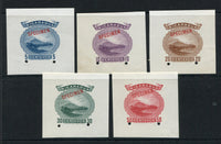 NICARAGUA - 1900 - NEWSPAPER STAMPS: 5c blue, 10c purple, 20c brown, 30c green and 50c red large format 'Momotombo' NEWSPAPER STAAMP issue, all cut square with large margins, imperf all overprinted SPECIMEN in red and with small hole punch. Ex ABNCo. archive. Unlisted by all catalogues. Very scarce. (See article in Mainsheet issue #62)  (NIC/4683)